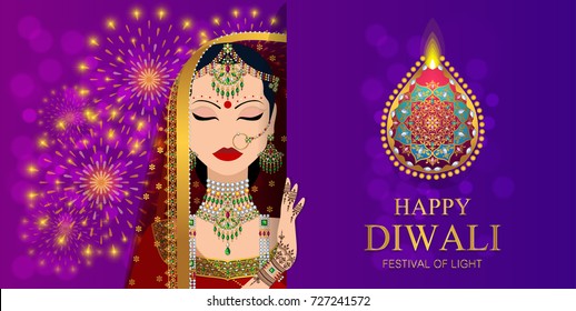 Happy Diwali Festival Card With Indian Women Traditional Dress And Henna Hand On Background Color.