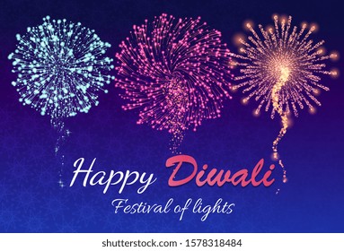 Happy diwali, festival or carnival of lights. Pyrotechnics show for entertaining people. Colorful and bright fireworks on night sky. Holiday celebration with festive explosions. Vector illustration