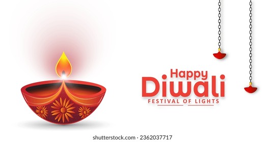 Happy Diwali festival celebration beautiful Diwali diya oil lamp banner design on white background. Vector illustration.