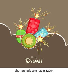 Feliz concepto de celebración del festival Diwali con la explosión de petardos en el fondo marrón. 