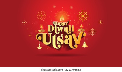 Happy Diwali festival concept. Happy Diwali utsav text with candle lights and fireworks background.