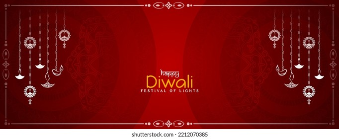 Happy Diwali festival decorative banner with elegant hanging lamps design vector