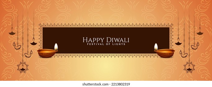 Banner decorativo del festival Happy Diwali con elegantes lámparas colgantes vectorial de diseño