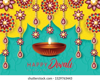 Happy Diwali Festival Design. Beautiful Indian Flower with Diya Oil Lamp Design. The Festival of Lights.