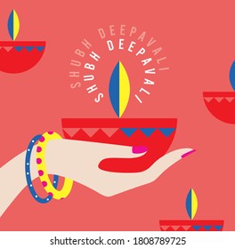 Happy Diwali festival with diya lamp in hand Background of celebration vector greeting card