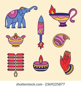 Happy Diwali Festival elements. November 12. Vector illustration. decorative elements for Poster, Banner, Greeting Card, Flyer, Invitation Card, Cover, Template. Festival of Lights. Deepawali.