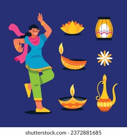 Happy Diwali Festival elements. November 12. Vector illustration. decorative elements for Poster, Banner, Greeting Card, Flyer, Invitation Card, Cover, Template. Festival of Lights. Deepawali.