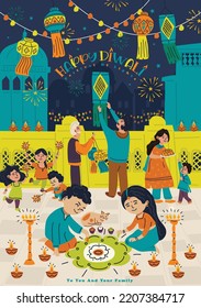 Happy Diwali Festival and Family Celebrating Diwali Vector