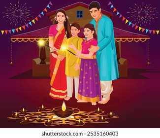 Happy Diwali festival with happy family, Indian festival of lights diwali celebration greeting card