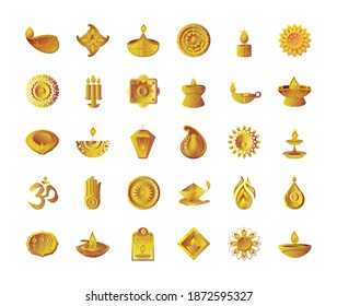 happy diwali festival, gold decoration set icons, include diya lamp mandala flower hamsa and others vector illustration
