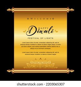 Happy Diwali festival golden scroll, Diwali holiday Background with rangoli, Diwali celebration greeting card, Diwali banner vector.