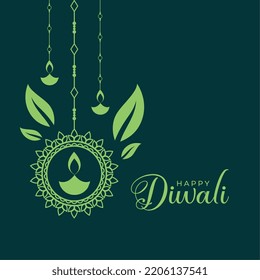 happy diwali festival green background with lantern design 