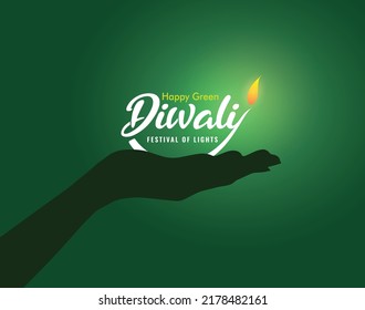 Happy Diwali Festival- Green Diya lamps lit down during diwali celebration green leaf eco concept vector illustration.
