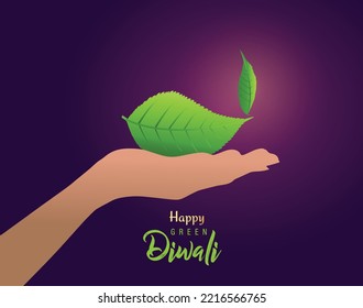 Happy Diwali Festival- Green Diya lamps lit down during diwali celebration green leaf eco concept vector illustration.