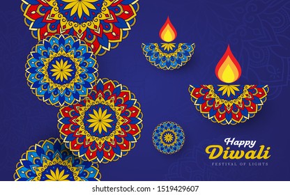 Happy Diwali Festival Greeting Background Template Design with Round Floral Ornament