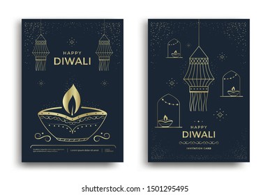 Happy Diwali festival greeting card design with stylized oil lamp, hanging lamp and decorations. Vector golden line illustration for light festival India.