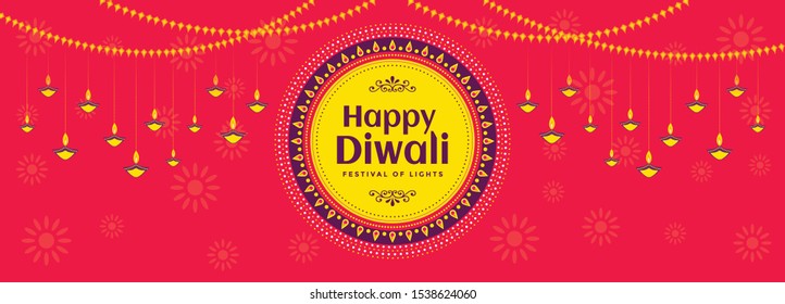 Happy Diwali festival header, banner design with hanging illuminated oil lamps on beautiful red background for Diwali Celebration.