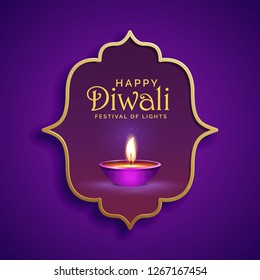 Happy Diwali festival holiday design with background colour and illustration of realistic illuminated oil lamps. Vector illustration. Template. 2019