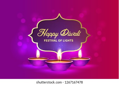 Happy Diwali festival holiday design with background colour and illustration of realistic illuminated oil lamps. Vector illustration. Template. 2019