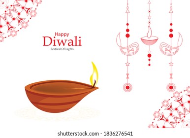 Feliz Festival Diwali de India con ilustración vectorial de fondo de la diya.