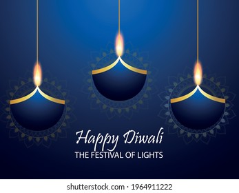 Happy diwali festival of india with paper diya on blue background