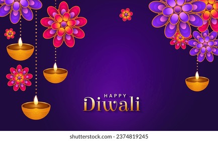 Feliz festival diwali de celebración de la luz con rangoli y colgando diya. Ilustración vectorial Diwali