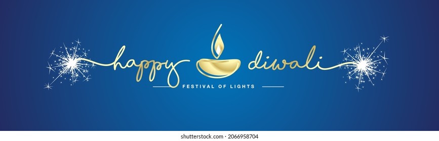 Happy Diwali festival of light gold handwritten calligraphy typography golden diya oil lamp white sparkle firework blue background