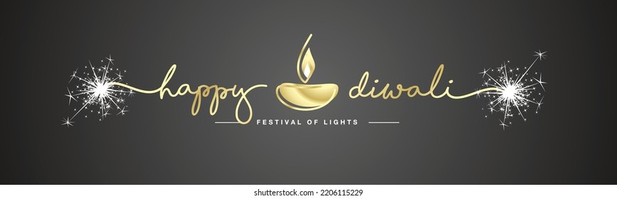 Happy Diwali Festival Of Light Gold Handwritten Calligraphy Typography Golden Diya Oil Lamp White Sparkle Firework Black Background