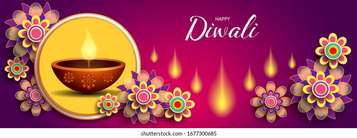 Happy Diwali festival / Light festival of India with colorful flowers on purple background