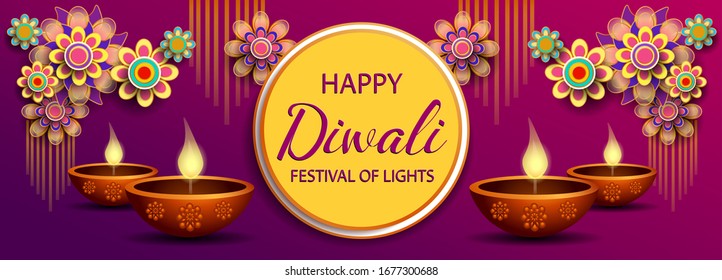 Happy Diwali festival / Light festival of India with colorful flowers on purple background