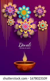 Happy Diwali festival / Light festival of India with colorful flowers on purple background