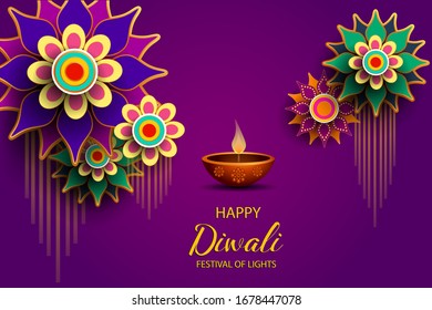 Happy Diwali festival / Light festival of India with colorful flowers on purple background