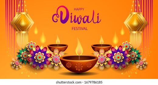 Happy Diwali festival / Light festival of India with colorful flowers and lantern on yellow background