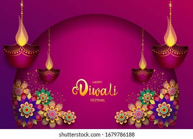 Happy Diwali festival / Light festival of India with colorful flowers and lantern on purple background