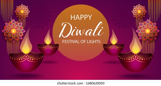 Happy Diwali festival / Light festival of India with colorful flowers and lantern on purple background