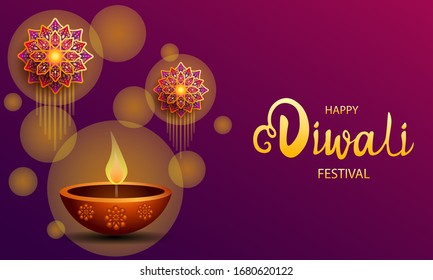 Happy Diwali festival / Light festival of India with colorful flowers on purple background
