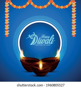 Happy diwali festival of light invitation greeting card with creative diwal idiya oil lamp