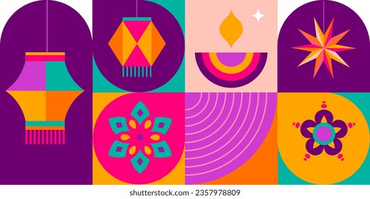 Feliz Diwali, festival de la luz. Diseño minimalista geométrico moderno. Afiche, pancarta y plantilla de medios sociales. Diseño de vectores