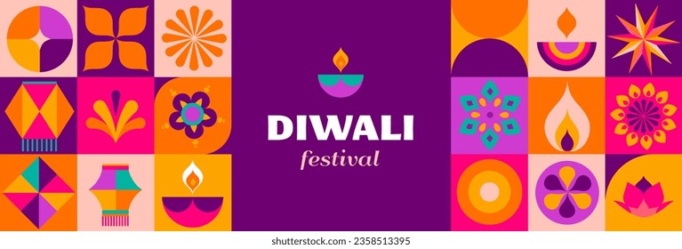 Feliz Diwali, festival de la luz. Diseño minimalista geométrico moderno. Afiche, pancarta y plantilla de medios sociales. Diseño de vectores