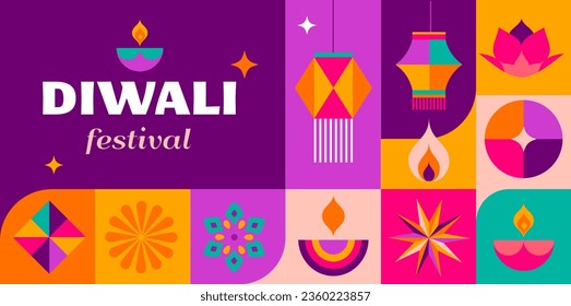 Feliz Diwali, festival de la luz. Diseño minimalista geométrico moderno. Afiche, pancarta y plantilla de medios sociales. Diseño de vectores