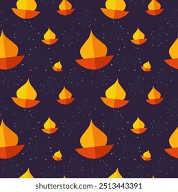 Happy Diwali festival of light seamless pattern. Hand drawn Vector flat repeating background for Indian holiday bright of lights. Illustration for flyer, card, banner, paper, wrapping, template