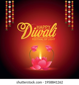 Happy diwali festival of light vector illustration of diwali diya and garland flower