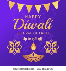 Feliz Diwali. Festival de la luz. Ilustración vectorial. Afiche del festival Diwali, Anuncio Diwali Sale. Rebajas de hasta un 15%.