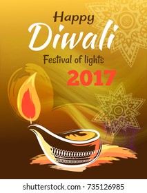 Happy Diwali festival of lights 2017 banner with decorative patterns and mandala. Vector illustration with festive candle on bright background