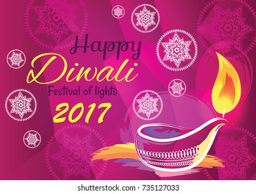 Happy Diwali festival of lights 2017 banner with decorative patterns and mandalas. Vector illustration with festive candle on bright pink background