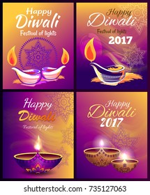 Happy diwali festival of lights 2017, set of posters with decorated title and icons of lamp, fires and ornaments vector illustration