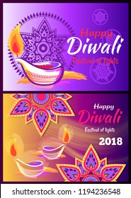 Happy Diwali festival of lights 2018 poster decorated with mandalas and candles on purple backgrounds. Vector illustration with holiday congratulations