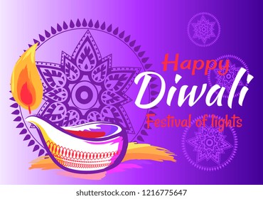 Happy Diwali festival of lights 2018 banner with decorative patterns and mandala. Vector illustration with festive candle on bright purple background