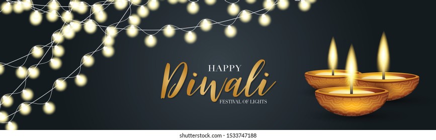 Happy Diwali - festival of lights banner or website header design. Indian traditional holiday background with glowing garland and text typography on a black backdrop. Diya oil lamp. Gorgeous graphics