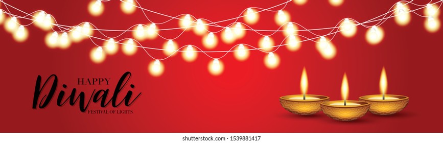 Happy Diwali - festival of lights banner or website header design. Indian traditional holiday background with glowing garland and text typography on a red backdrop. Diya oil lamp. Gorgeous graphics